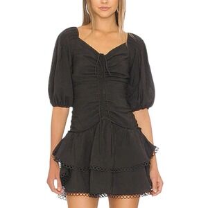 Jonathan Simkhai Tiered Mini Dress Size 6 Black Puff‎ Sleeve Ruched Lace Trim